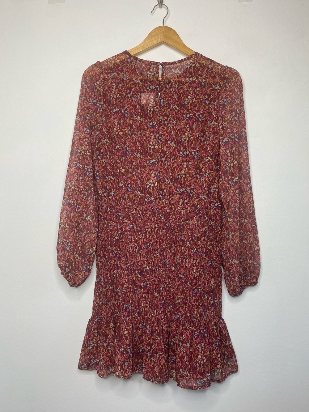 NWT Smocked ruffle mini dress floral Balloon Long sleeve Size M Maroon Wine - Picture 4 of 10